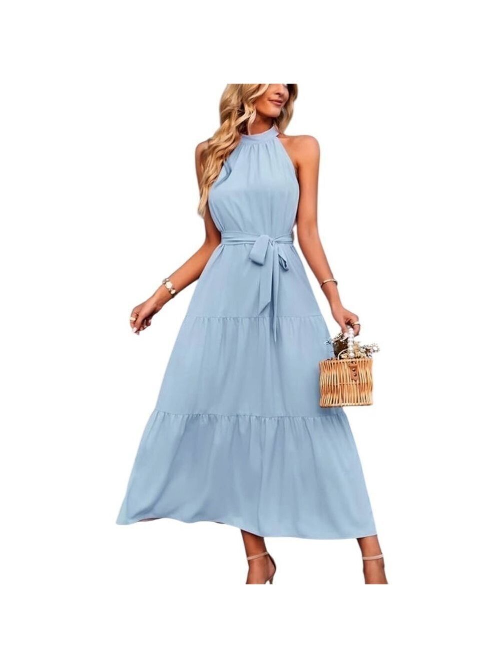 PRETTYGARDEN Summer Maxi Dress Halter Neck Flowy Ruffle Hem Boho Dress Belted L